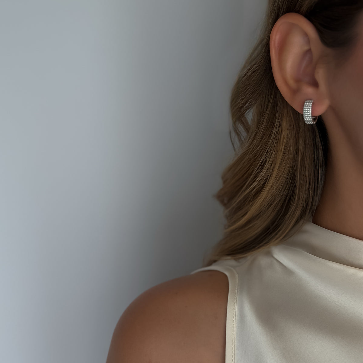 Rich Crystal Hoops  [Silver]